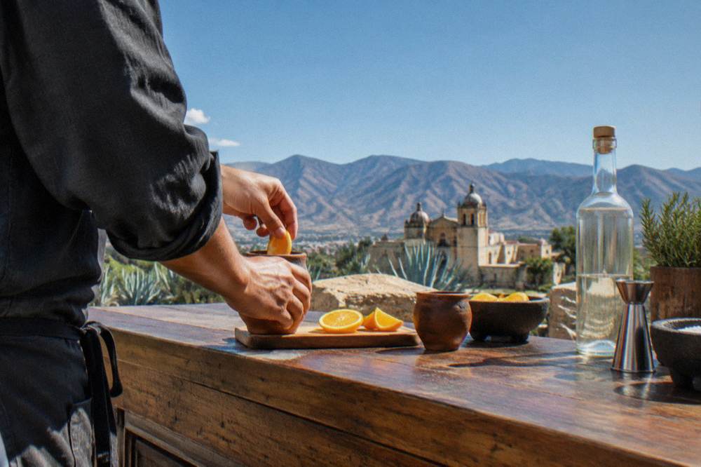 A bartender preparing a mezcal cocktail at a workshop counter in Oaxaca