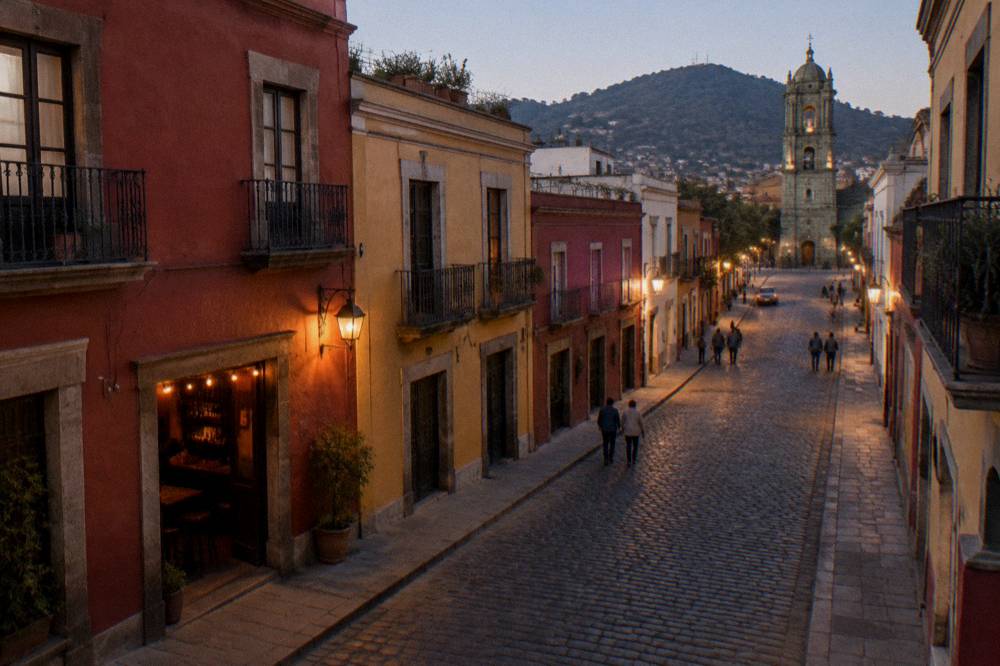 An evening street in the historic centre of Oaxaca City with lights over a bar doorway