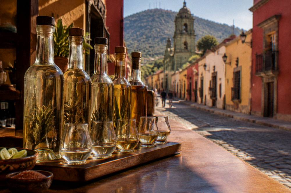 A row of mezcal bottles and tasting glasses on a bar counter in Oaxaca