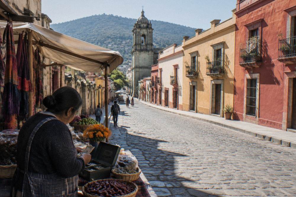 A vendor in Oaxaca counting change from a small cash box at a market stall