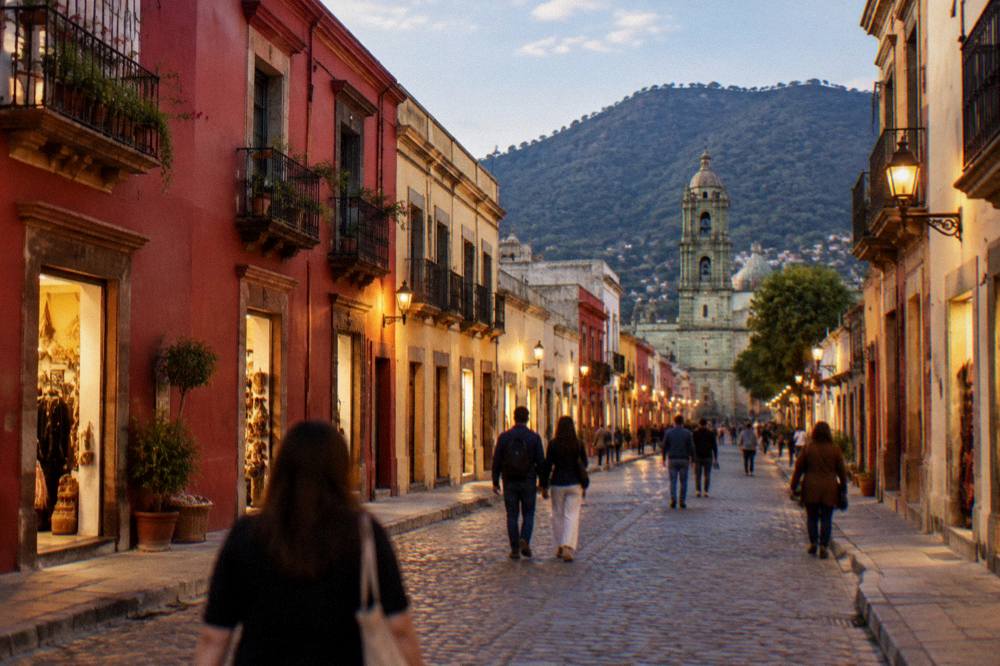 An evening street in central Oaxaca with lit shopfronts and people walking