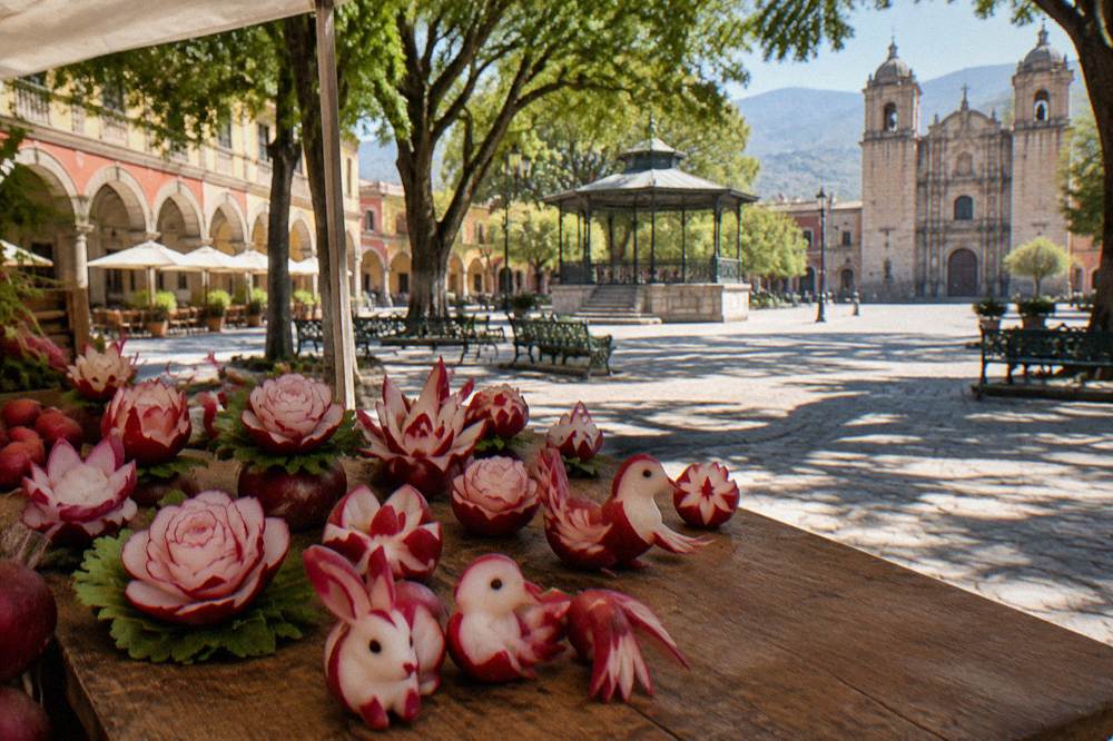 Carved radish figures arranged on a wooden market table under a canopy, soft artificial light, no people