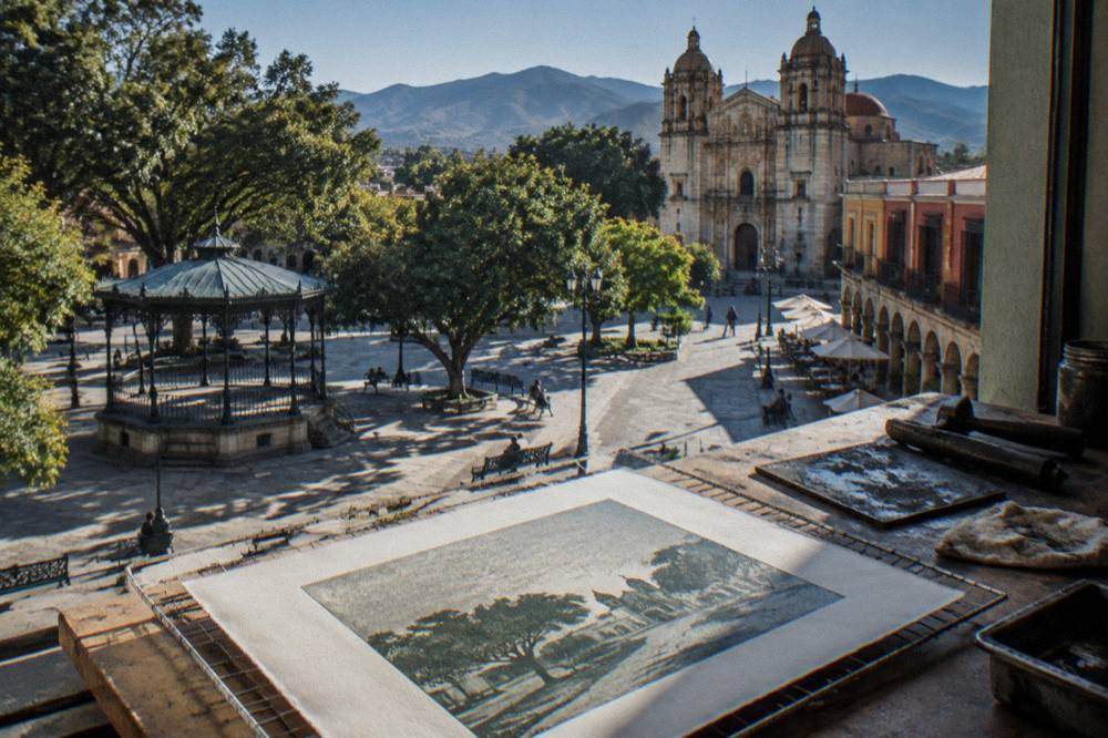 A printed artwork drying on a studio table in a printmaking workshop