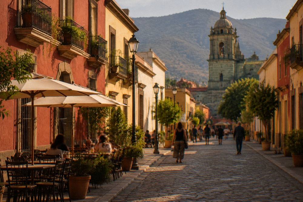 A pedestrian street in the historic centre of Oaxaca City lit for the evening