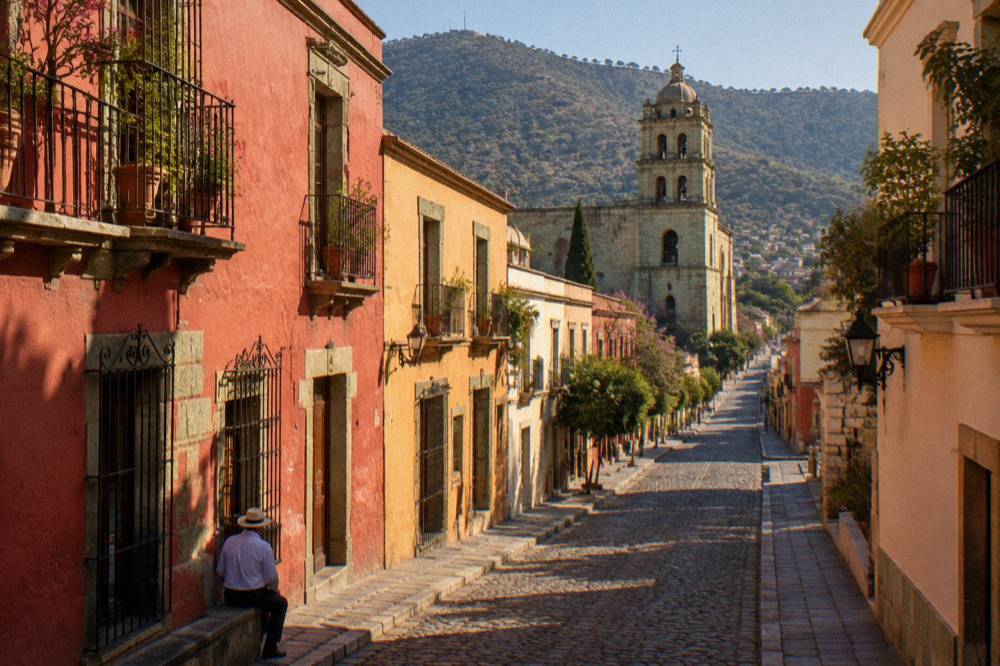A walker in a hat and light shirt resting on a shaded colonial street in Oaxaca