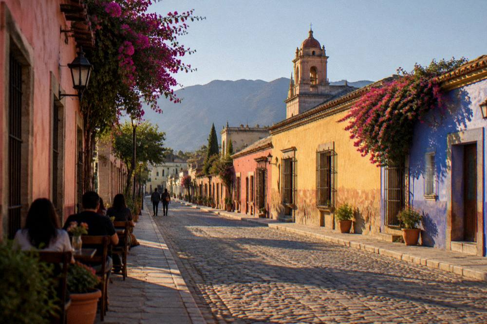 Evening light on a colourful Jalatlaco street with people sitting outdoors