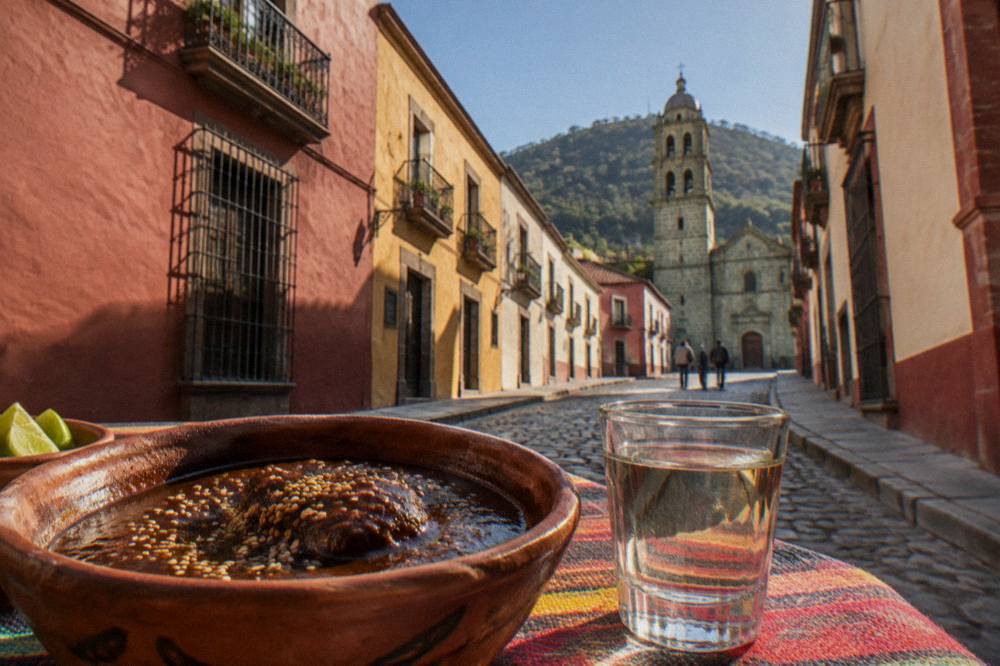 A clay bowl of mole sauce and a glass of mezcal on a market table