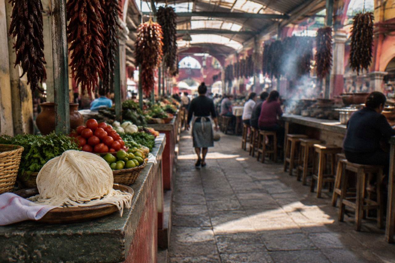A ball of white string cheese resting on a market stall counter beside baskets of fresh produce