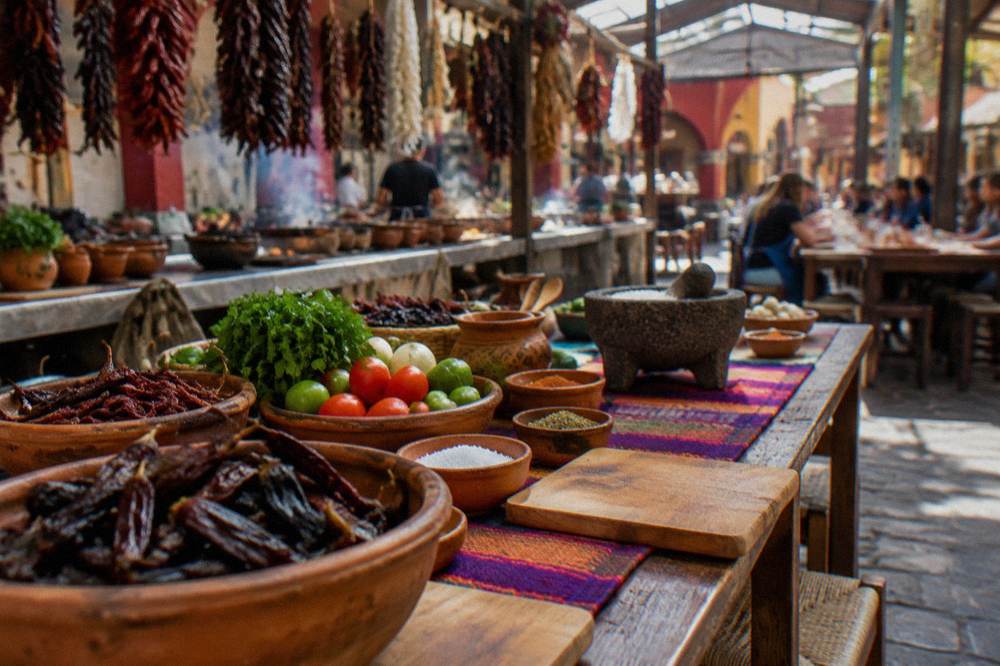 A cooking class table with clay bowls, chilies and fresh ingredients laid out for students