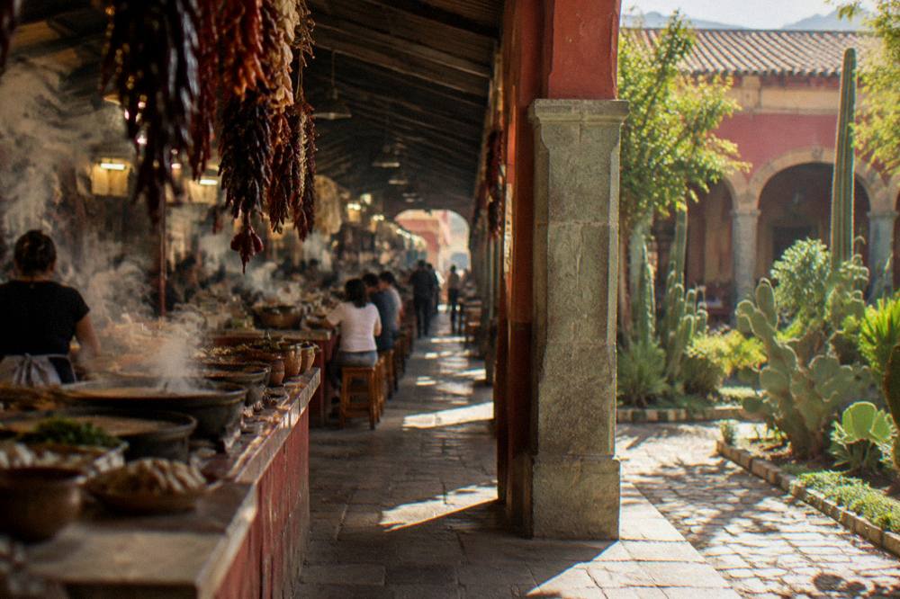 A green courtyard garden with cactus plants and stone paths beside a colonial building