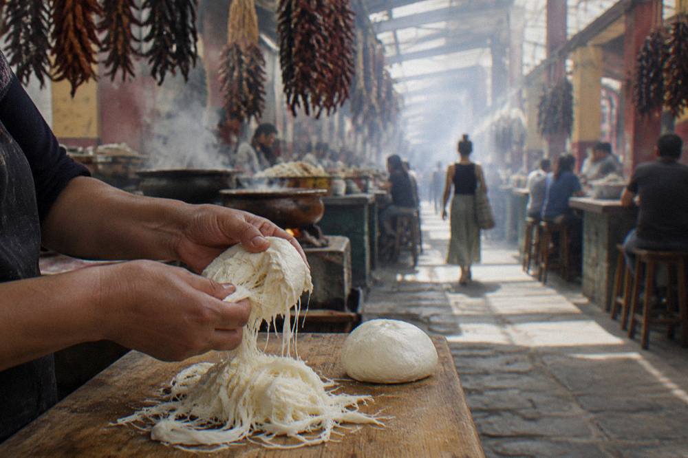 Hands tearing a ball of white string cheese apart into thin strands over a wooden board