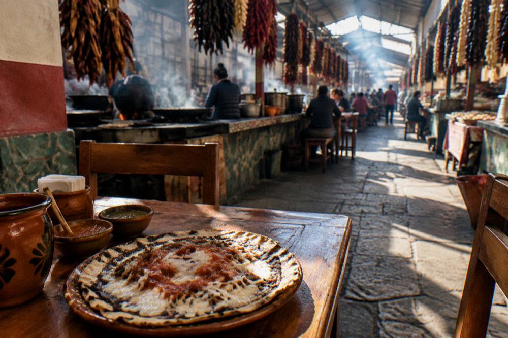 A dining table with a freshly made tlayuda topped with melted white cheese and salsa