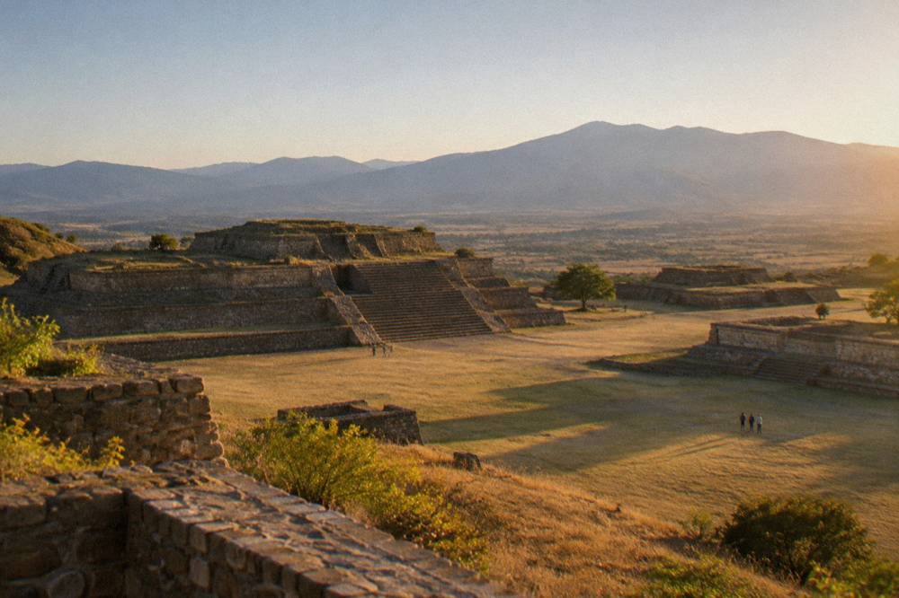 The Grand Plaza of Monte Albán with stone platforms and terraces under a clear sky