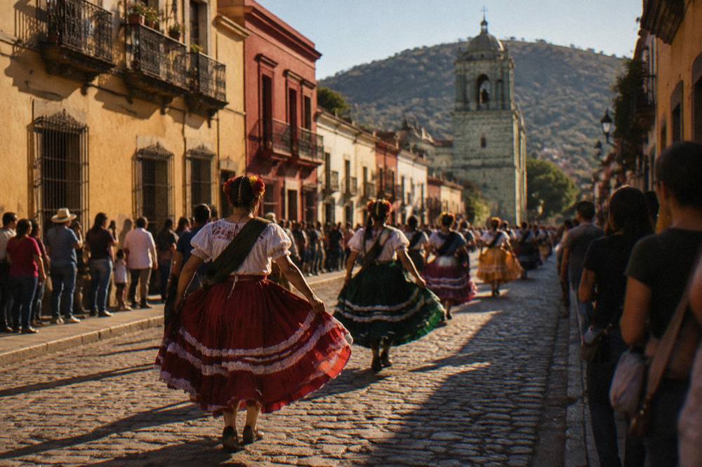 Crowds watching a parade with dancers in traditional dress in a city street