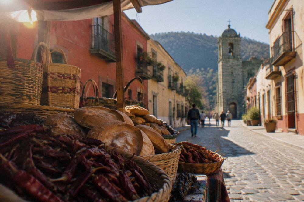 An outdoor market stall with chillies, breads and woven baskets displayed in baskets