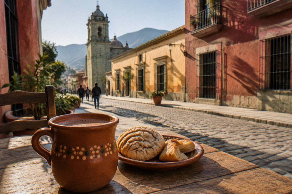 A cup of Oaxacan chocolate drink beside bread on a rustic wooden table
