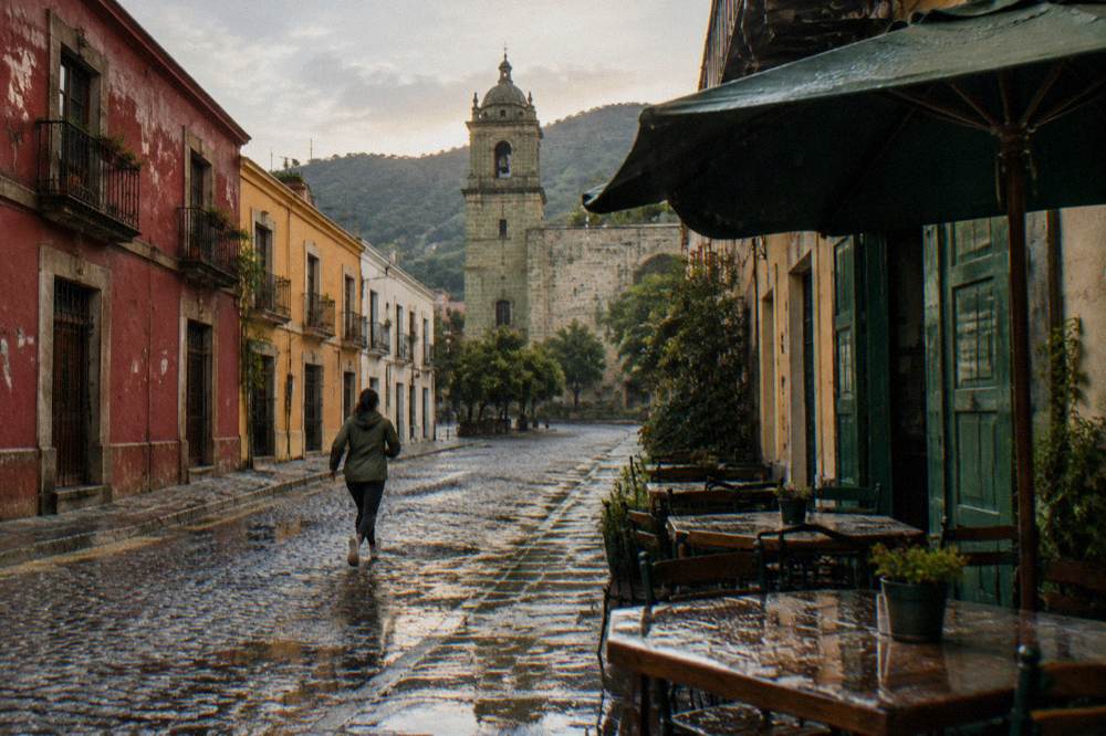 Rain falling on an empty Oaxaca café terrace with green wooden shutters