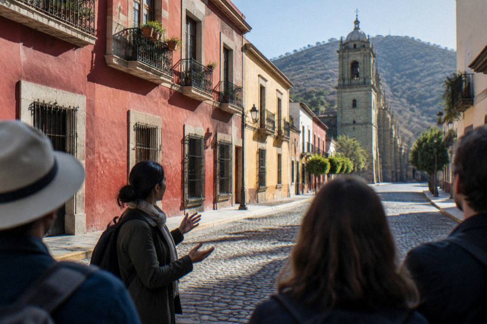 A guide speaking to a small group on a colonial Oaxaca street corner