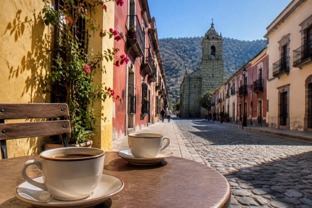 Two coffee cups on a small table in front of a yellow colonial wall in Oaxaca