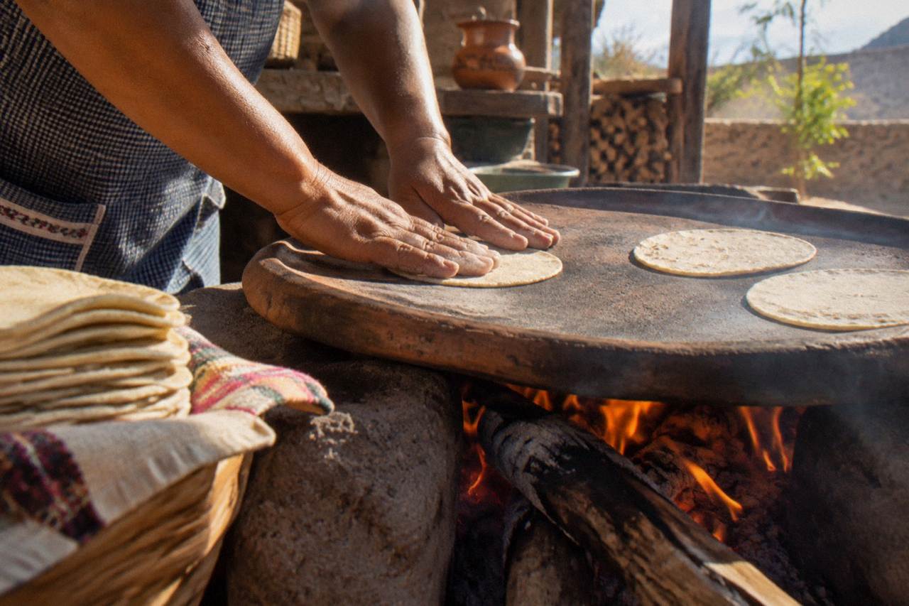 A cooking instructor pressing fresh tortillas on a clay comal in a Oaxaca kitchen