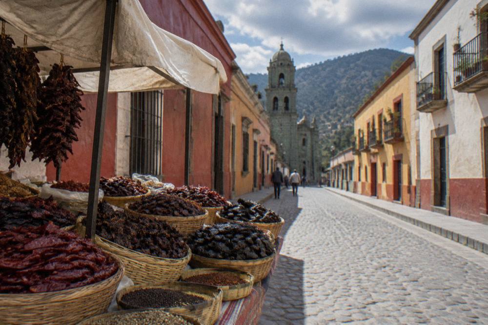 A market stall in Oaxaca piled with dried chiles and spices in open baskets