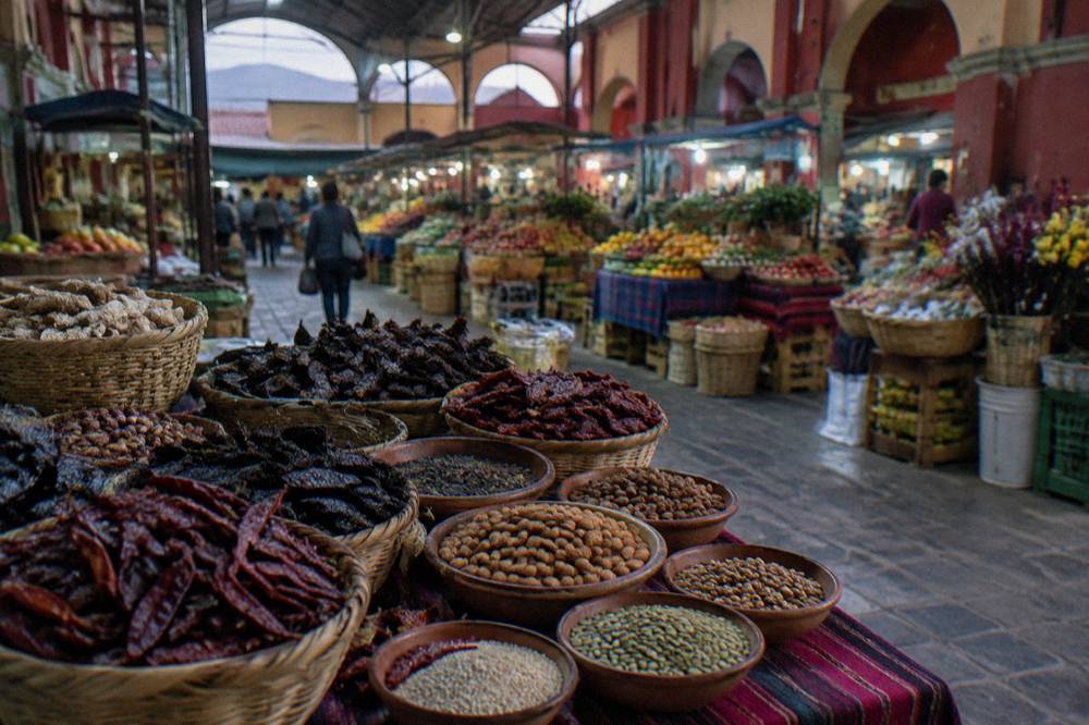 Bowls of nuts, seeds and dried chiles laid out for a mole cooking session