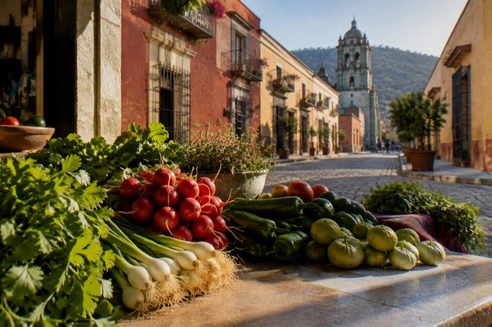Fresh vegetables and herbs from an Oaxaca market spread on a kitchen counter