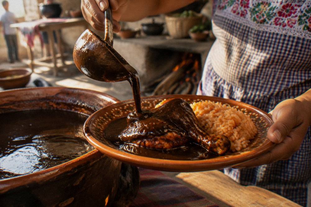 A cook ladling mole over a plate at the end of a cooking class in Oaxaca