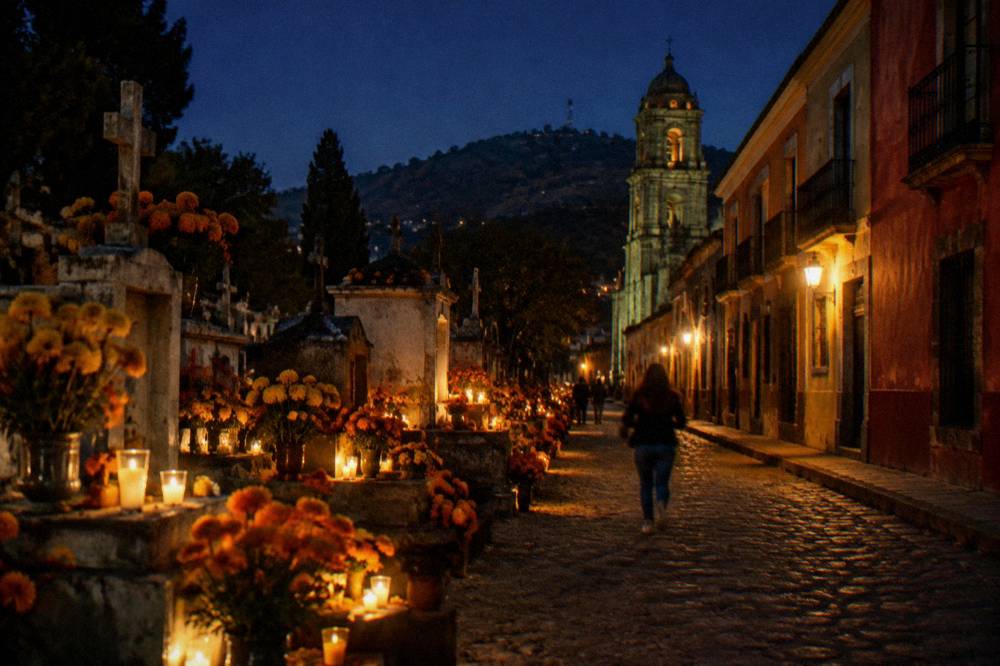 Candles and marigold flowers decorating a cemetery at night in Oaxaca