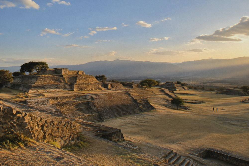 Stone terraces and ruins of the Monte Albán archaeological zone on a hilltop