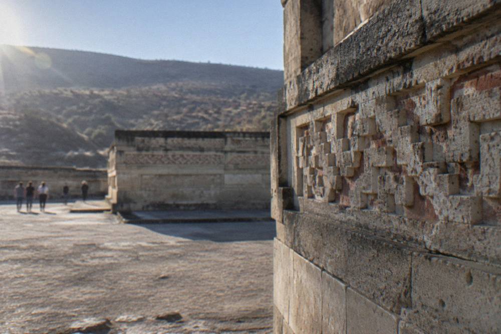 Carved stone geometric friezes on the walls of the Mitla archaeological site