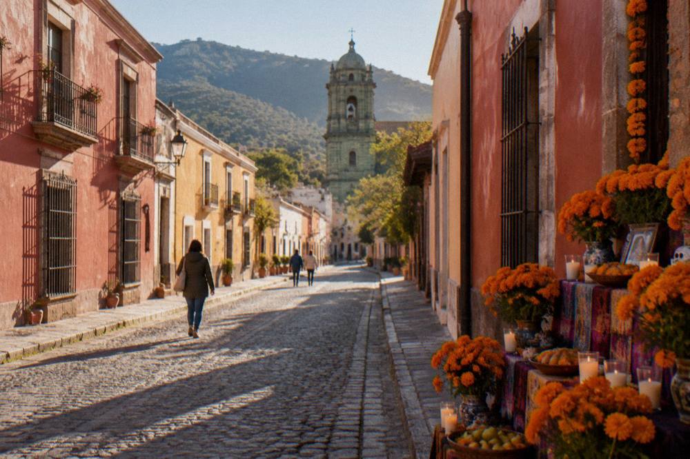 Marigold flowers and candles decorating a Day of the Dead altar in Oaxaca