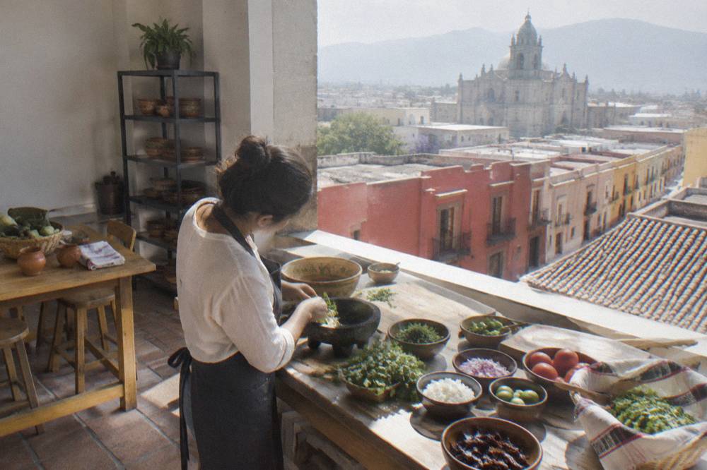 Cook preparing ingredients on a table in an Oaxacan cooking class kitchen