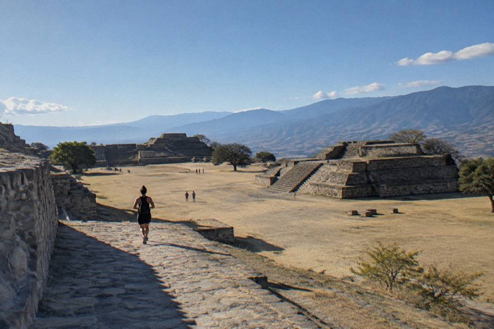 The Grand Plaza and stone platforms of the Monte Albán archaeological site on a hilltop