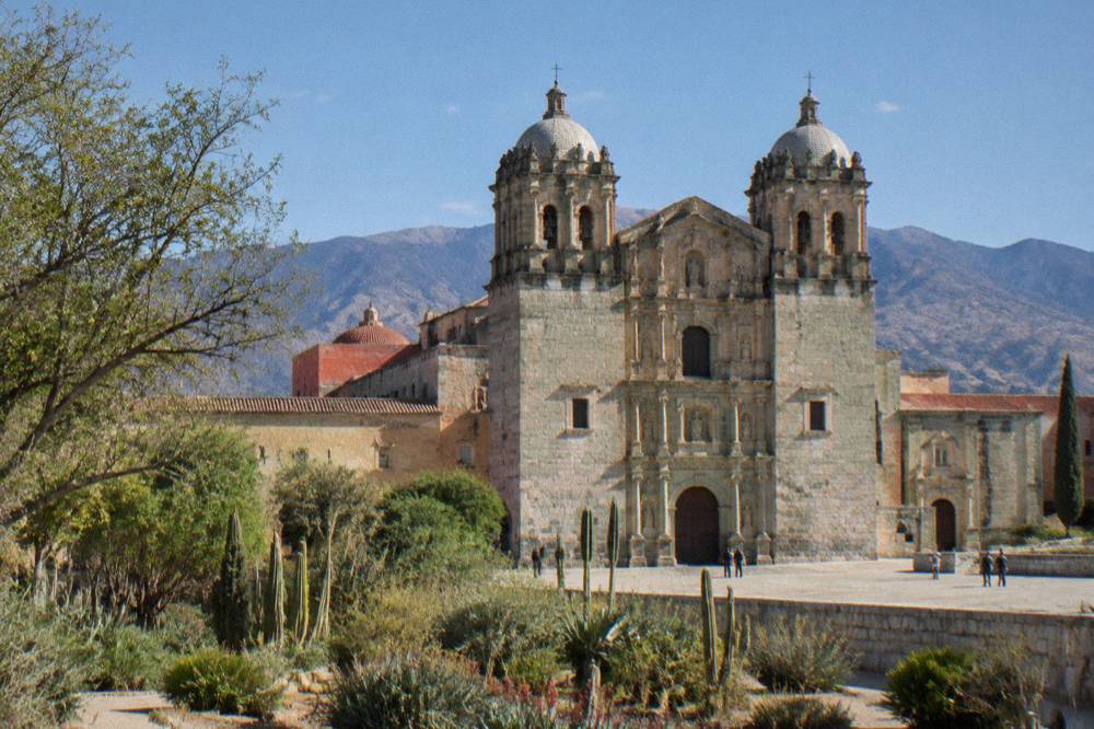 The green garden of the Jardín Etnobotánico beside the stone walls of Santo Domingo in Oaxaca