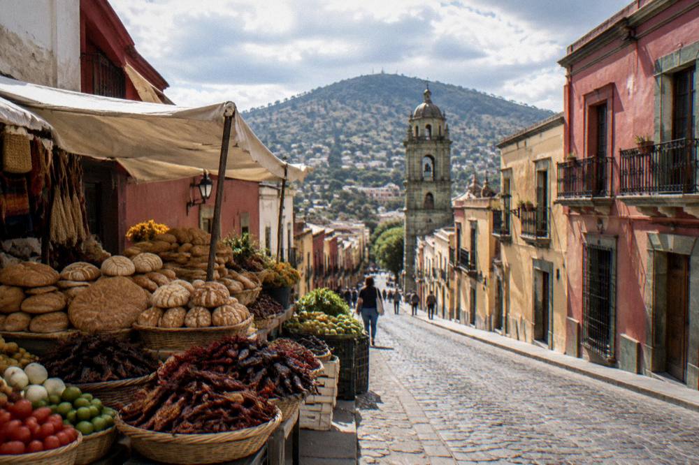 A market stall in Oaxaca with stacks of bread, chiles and local produce on display