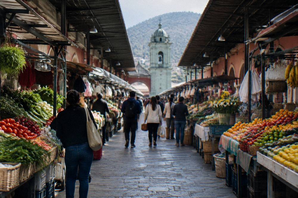 Visitors browsing a covered market corridor in central Oaxaca with produce stalls on both sides