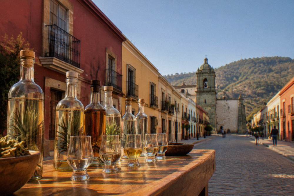 A row of mezcal bottles and tasting glasses on a wooden distillery bar in the Oaxaca valleys