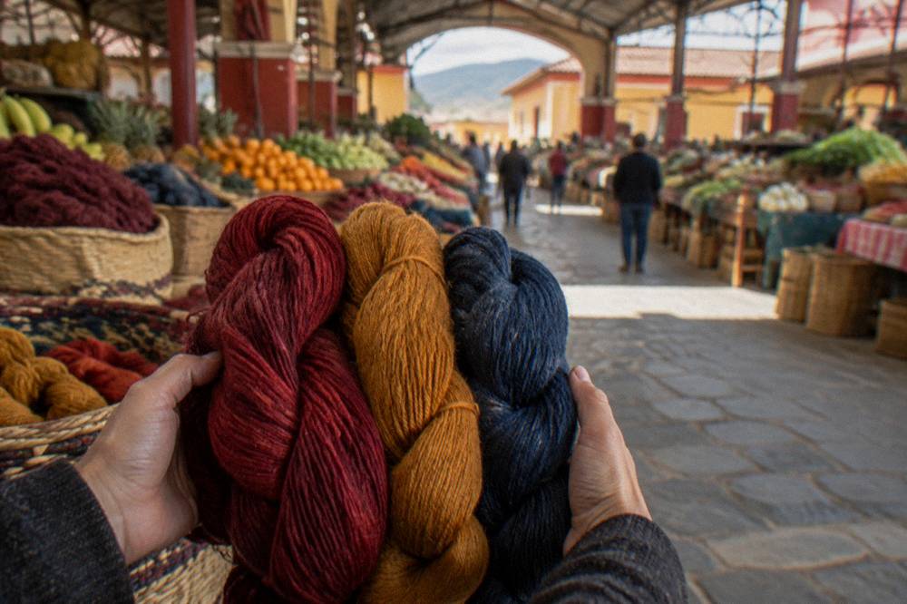 Hands holding skeins of naturally dyed wool in shades of red, ochre and indigo