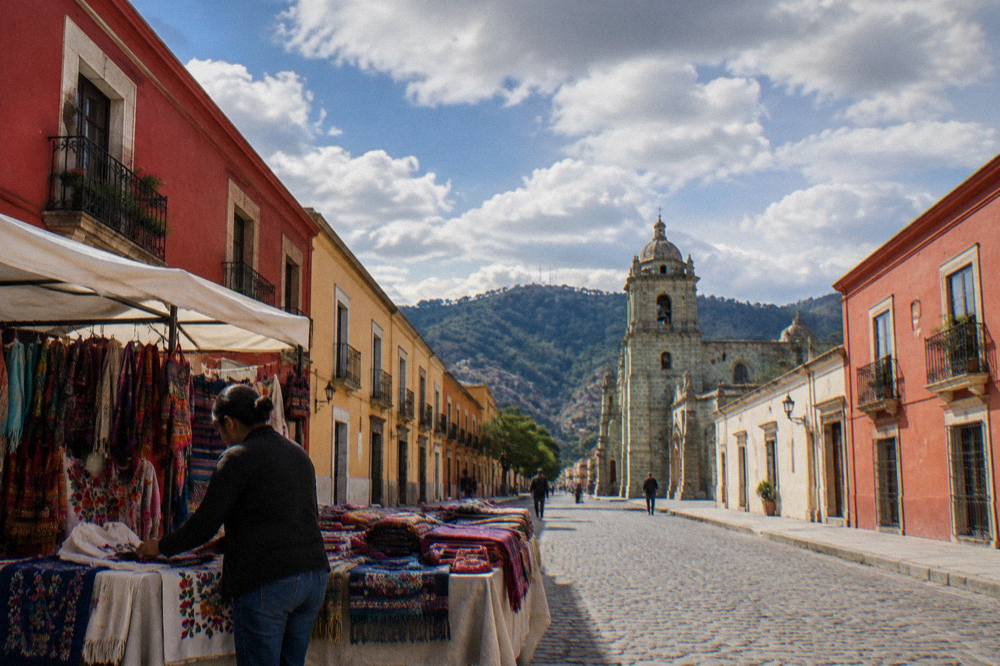A vendor arranging woven textiles and embroidered goods on a table in an Oaxaca market