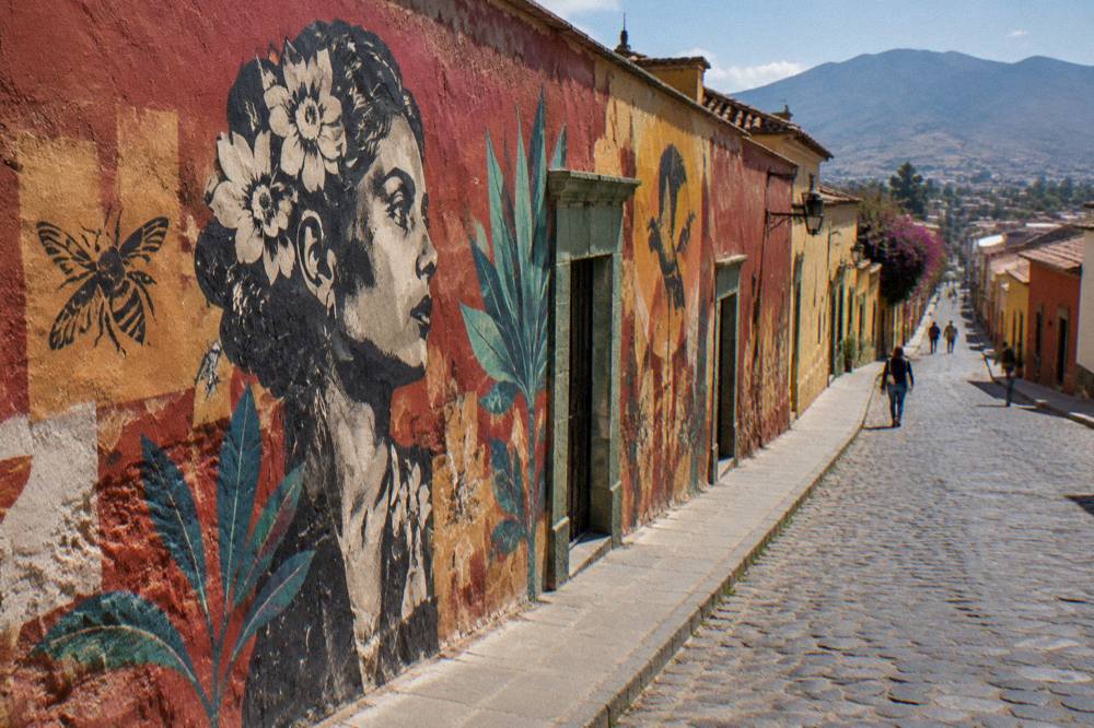 A painted mural covering the wall of a residential street in a central Oaxaca neighbourhood