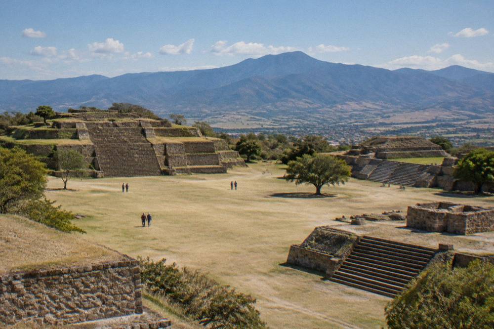 The flat terraces of the Monte Albán archaeological site above the Oaxaca valley