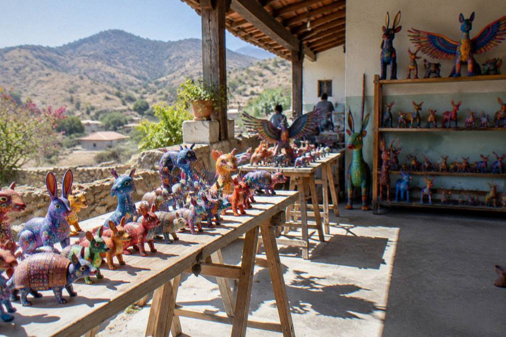 Hand-painted alebrije figures displayed on shelves in a workshop in the Oaxaca valleys