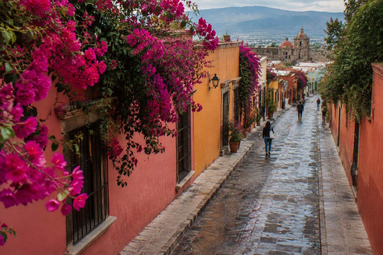 A colourfully painted colonial street in Oaxaca City in warm late afternoon light