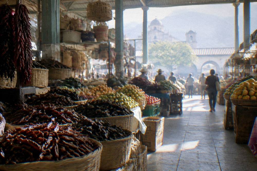 Stalls of chillies, fruit and woven baskets inside a busy Oaxacan market hall