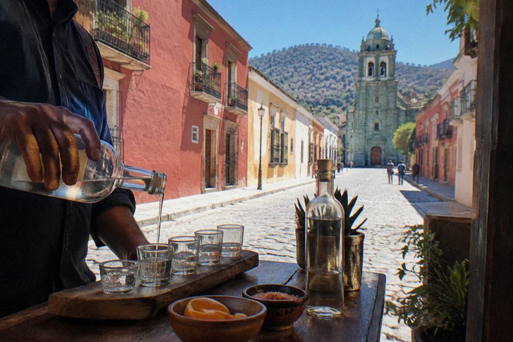 A vendor pouring mezcal at a tasting counter in Oaxaca
