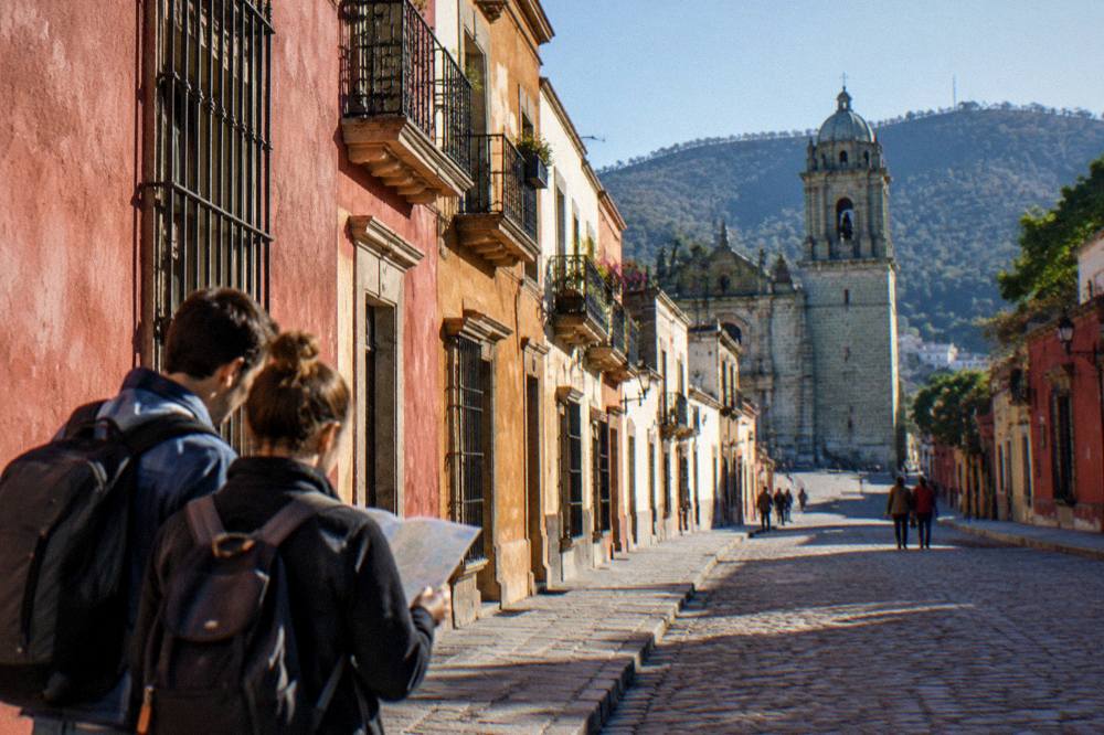 Travellers reading a map at a street corner in central Oaxaca