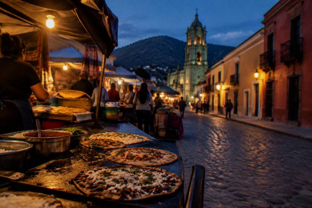 A griddle with tlayudas and toppings in a busy Oaxaca market food stall at dusk