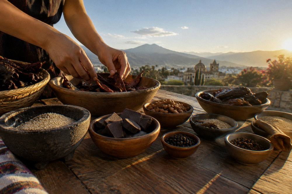 Cook arranging bowls of mole ingredients on a rustic kitchen table in Oaxaca