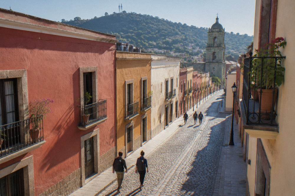 Travellers with backpacks walking a cobbled street in central Oaxaca in the morning